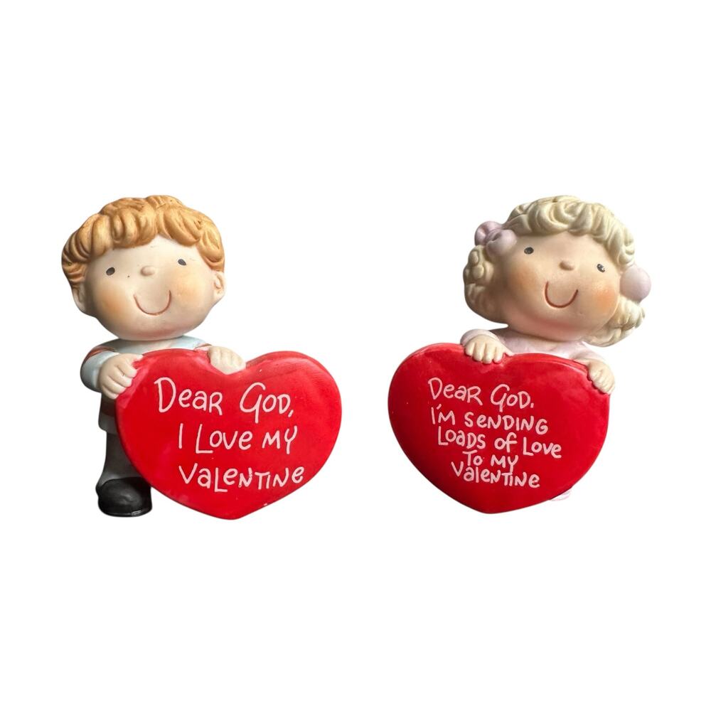 Dear God Kids Boy and Girl Holding Hearts Set of Two Figurines 1984